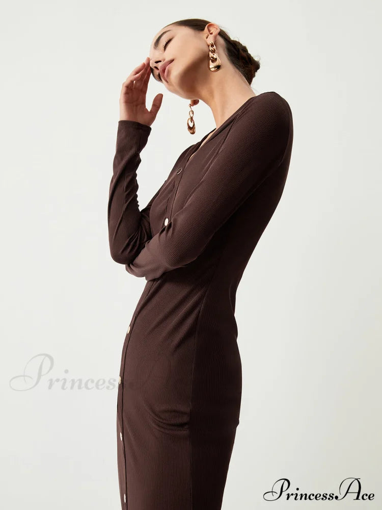 Chocolate Button Down Trendy Long Sleeve Midi Dress image 2