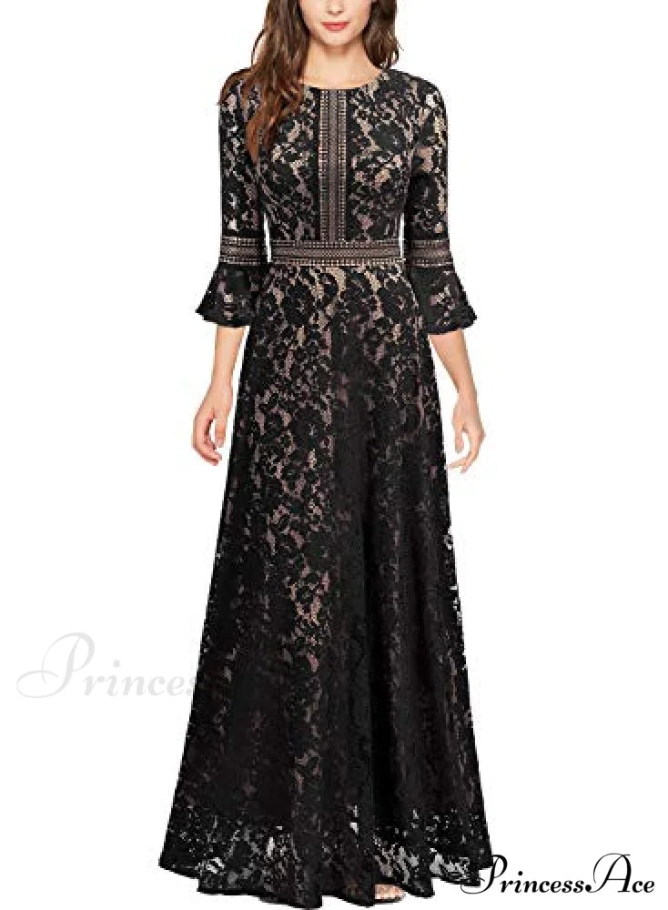 Vintage Full Lace Contrast Bell Sleeve Formal Long Dress image 3