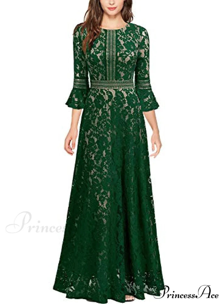 Vintage Full Lace Contrast Bell Sleeve Formal Long Dress image 4