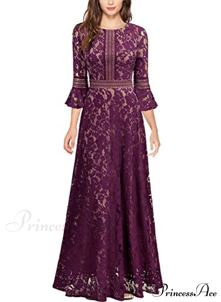 Vintage Full Lace Contrast Bell Sleeve Formal Long Dress image 2
