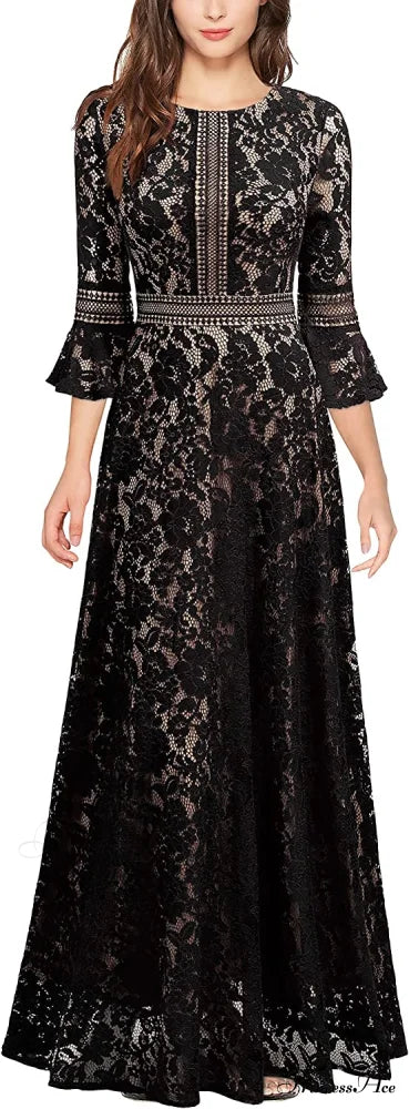 Vintage Full Lace Contrast Bell Sleeve Formal Long Dress image 8