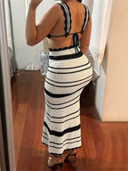 CHRONSTYLE Women 2 Pieces Knitted Skirts Outfits Striped Print Cropped Tank Tops with High Waist Slim Long Skirts Set Beach 2024 image 4