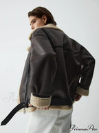 Classic Sherpa Lined Trendy Shearling Leather Flight Jacket image 7