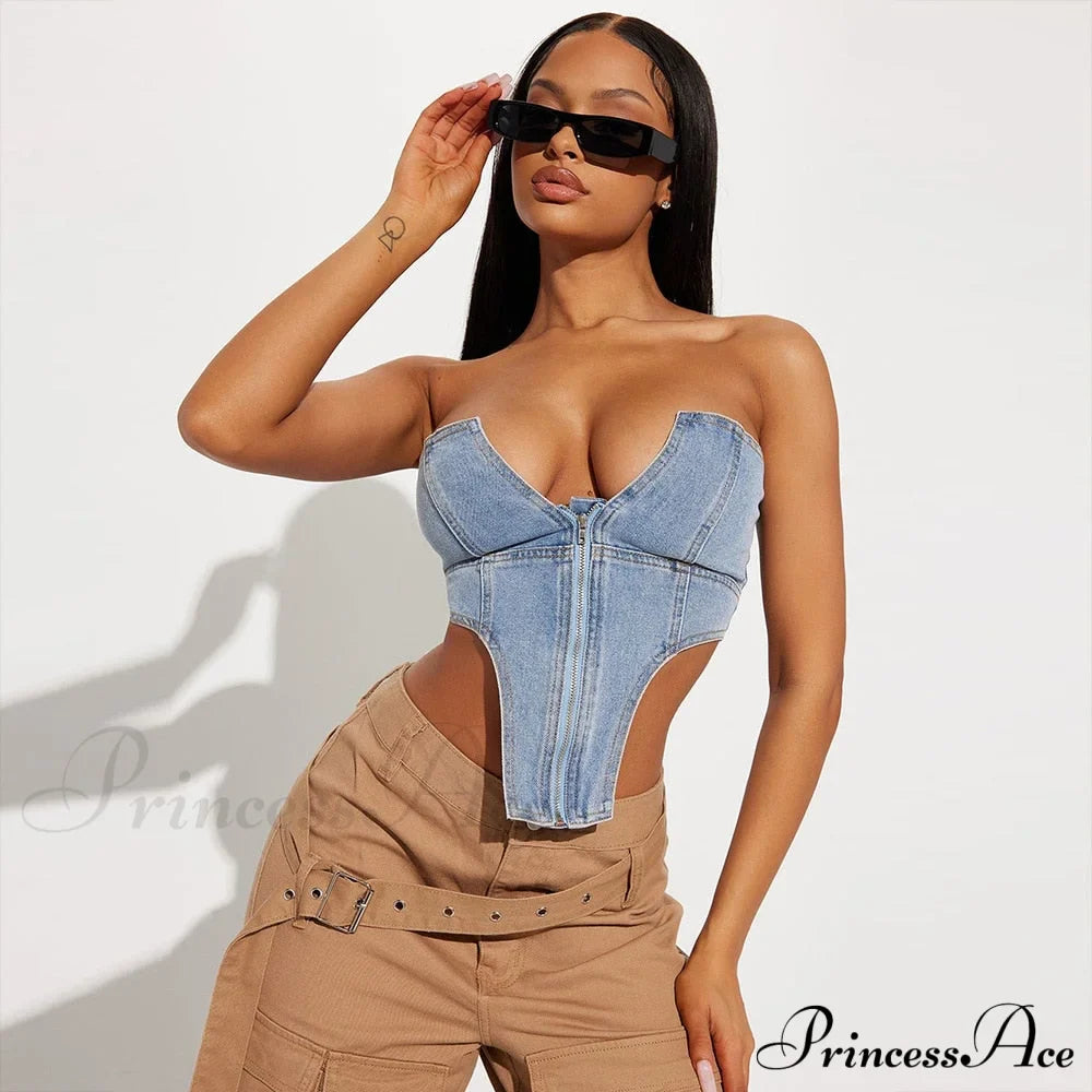 Clubwear Irregular Blue Crop Jeans Tops Warm-Season Denim Party Top Corset Streetwear Zipper Tube Strapless Clothes image 4