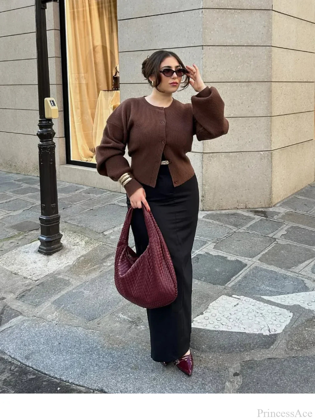 Coffee Color Round Neck Loose Cardigan image 3