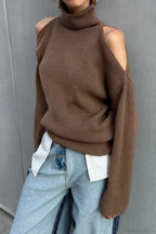 Cold Shoulder Turtleneck Loose Drape Knit Sweater image 2
