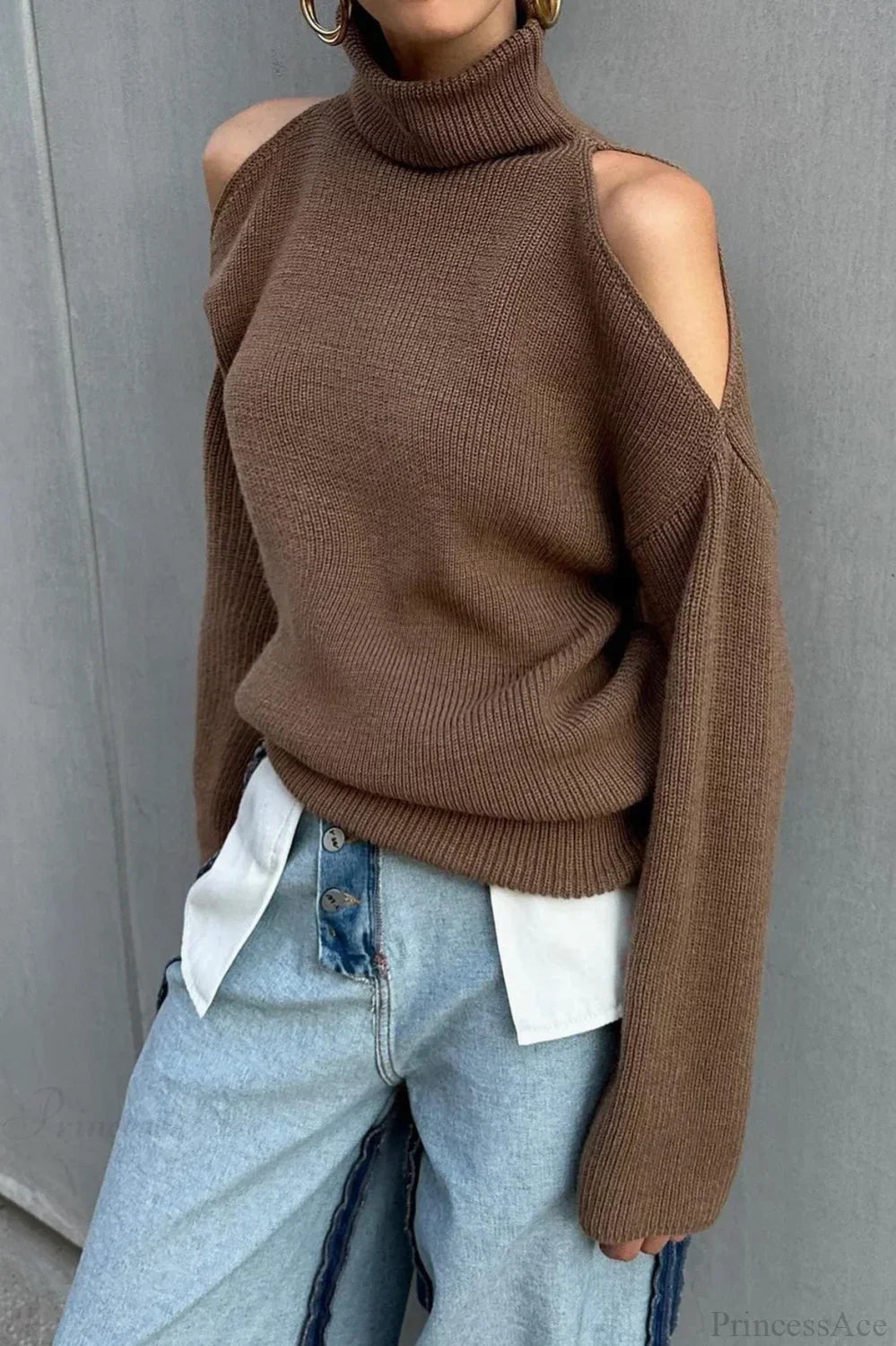 Cold Shoulder Turtleneck Loose Drape Knit Sweater image 2