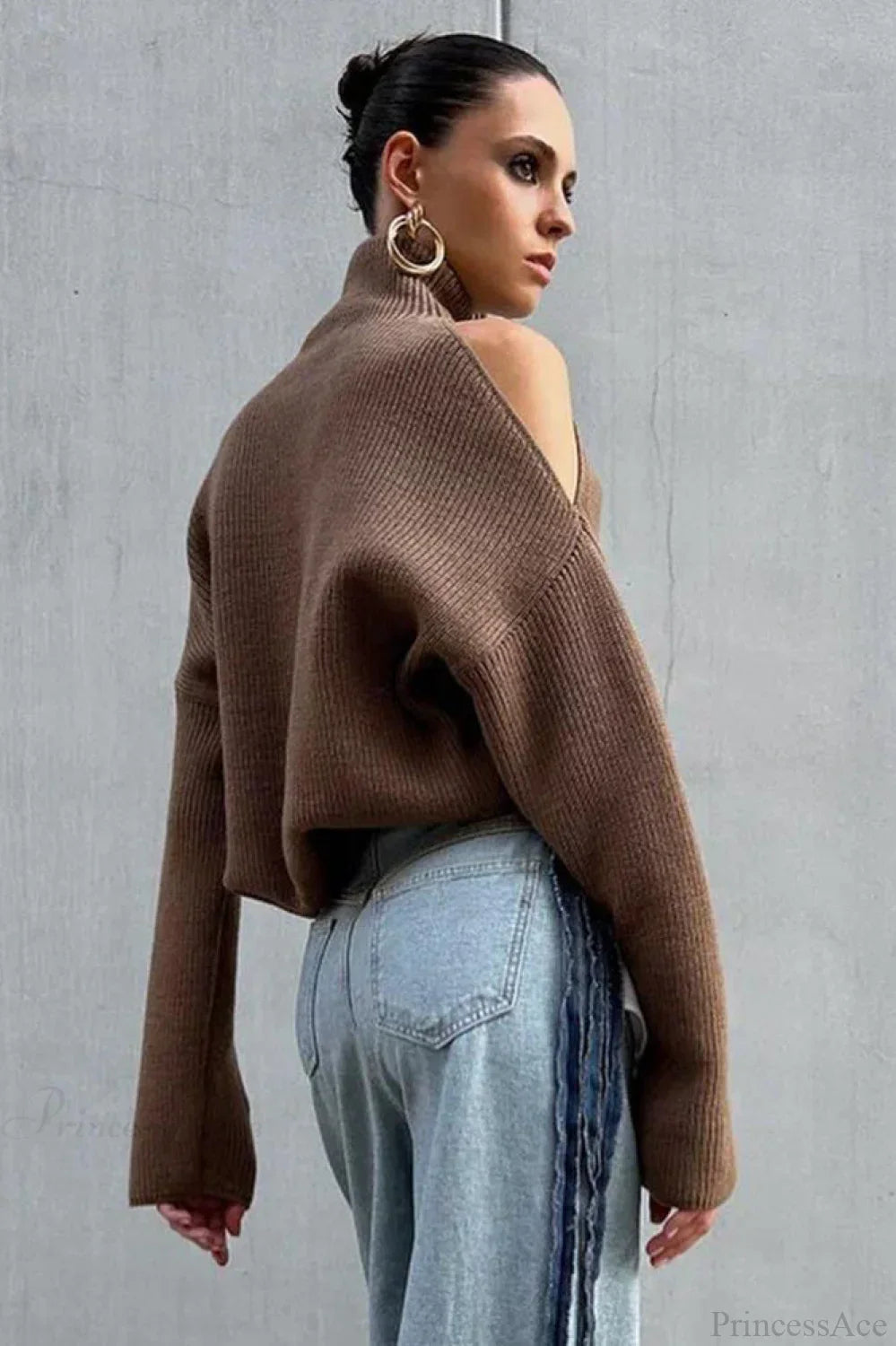 Cold Shoulder Turtleneck Loose Drape Knit Sweater image 3