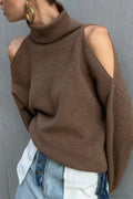 Cold Shoulder Turtleneck Loose Drape Knit Sweater image 1