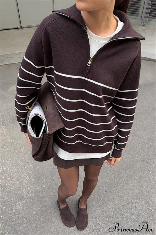 Collared Half Zip Soft Striped Long Sleeve Sweater image 2