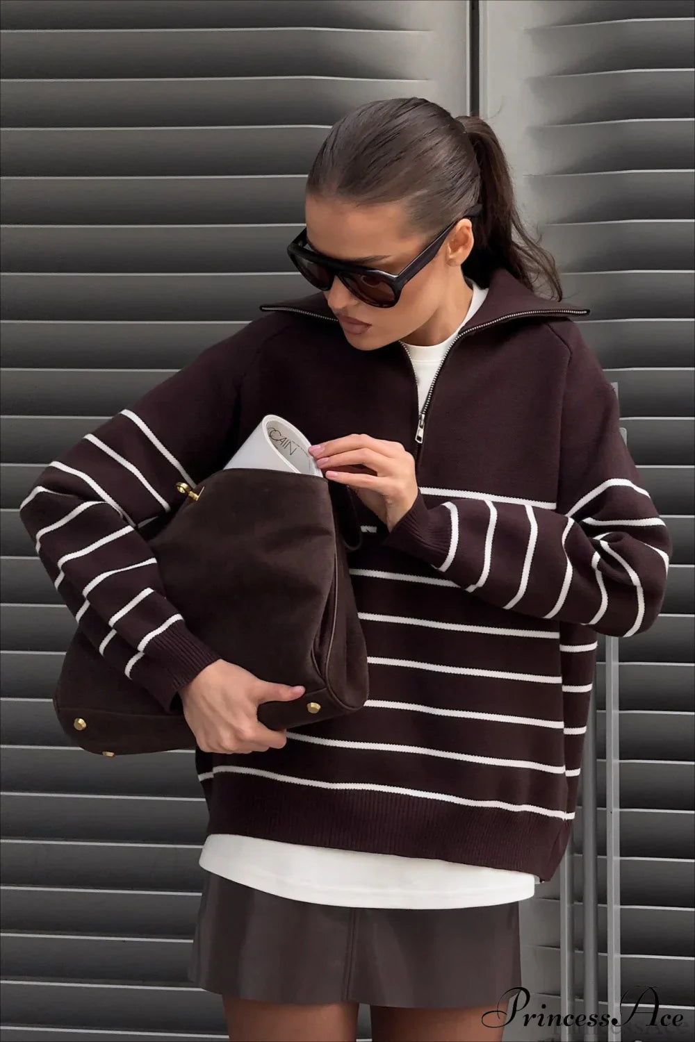 Collared Half Zip Soft Striped Long Sleeve Sweater image 1
