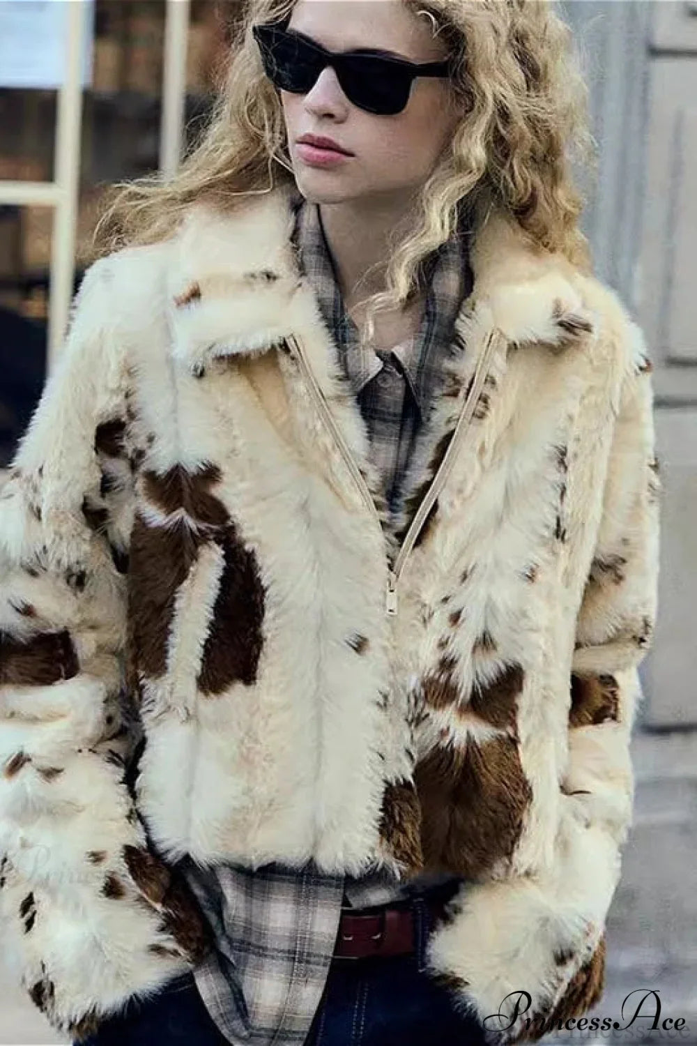 Collared Printed Faux Fur Short Coat image 1