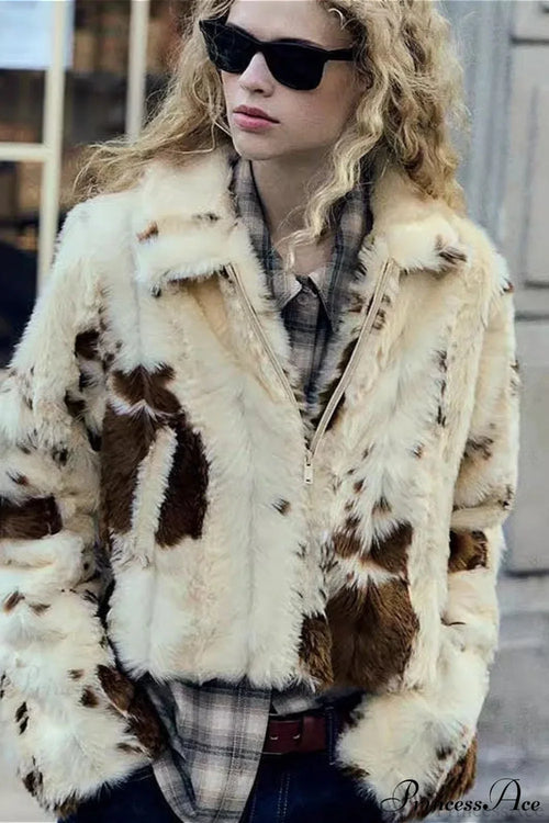 Collared Printed Faux Fur Short Coat image 1
