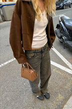 Collared Zipper Faux Suede Jacket image 4