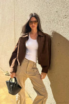 Collared Zipper Faux Suede Jacket image 3