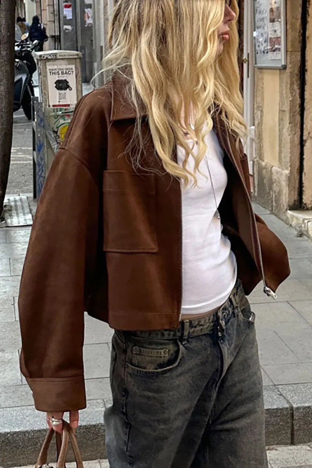 Collared Zipper Faux Suede Jacket image 1