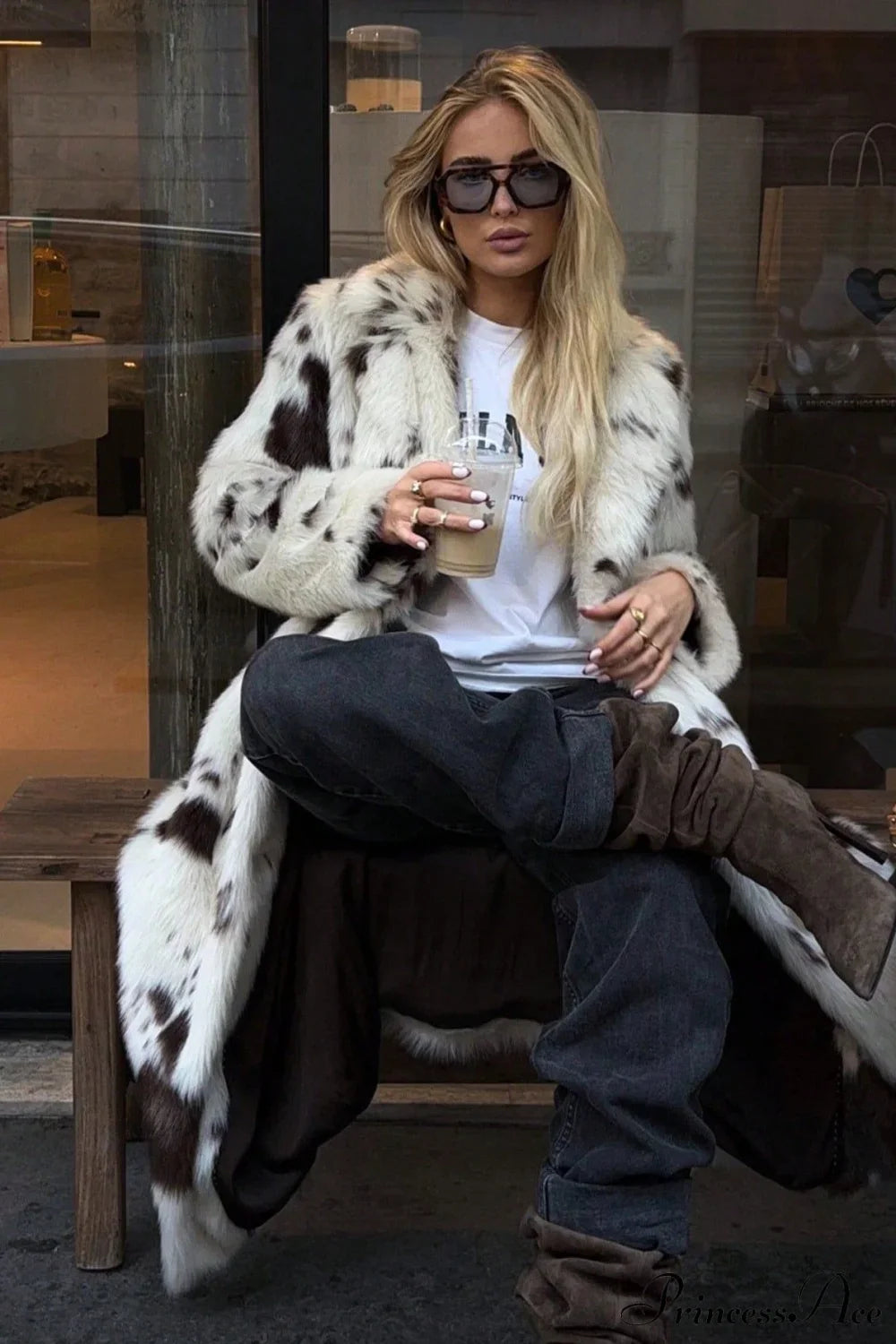 Color Block Animal Print Faux Fur Long Overcoat image 4