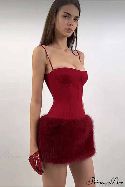 Color Block Faux Fur Spaghetti Strap Corset Party Dress image 2