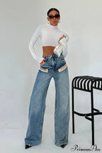 Color Block High Waist Slim Fit Straight Wide Leg Jeans image 3