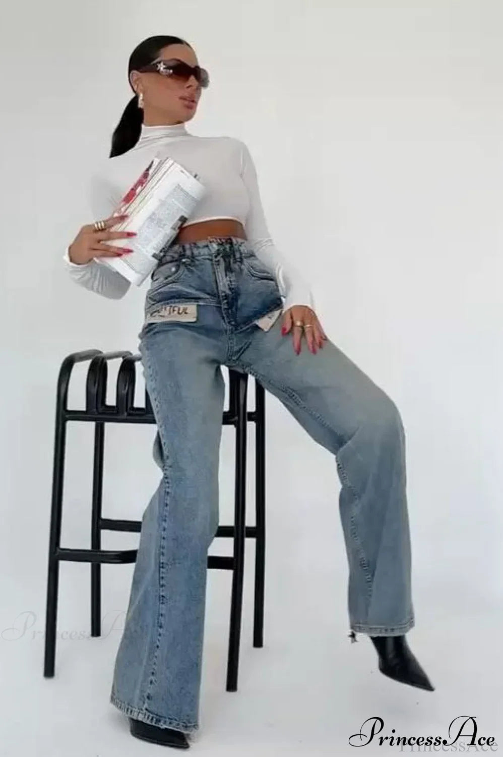 Color Block High Waist Slim Fit Straight Wide Leg Jeans image 4