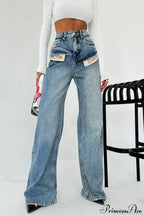 Color Block High Waist Slim Fit Straight Wide Leg Jeans image 1