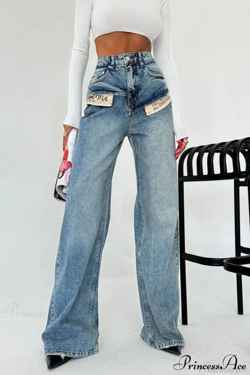 Color Block High Waist Slim Fit Straight Wide Leg Jeans image 1