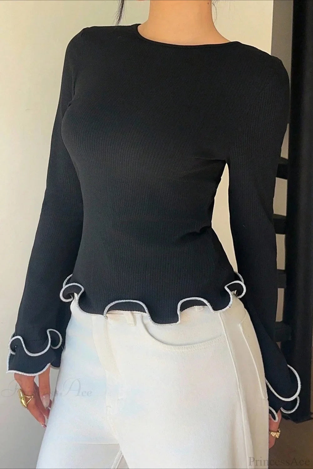 Color Block Ruffle Trim Slim Crew Neck Long Sleeve Tee image 3