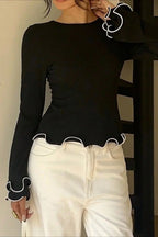 Color Block Ruffle Trim Slim Crew Neck Long Sleeve Tee image 4
