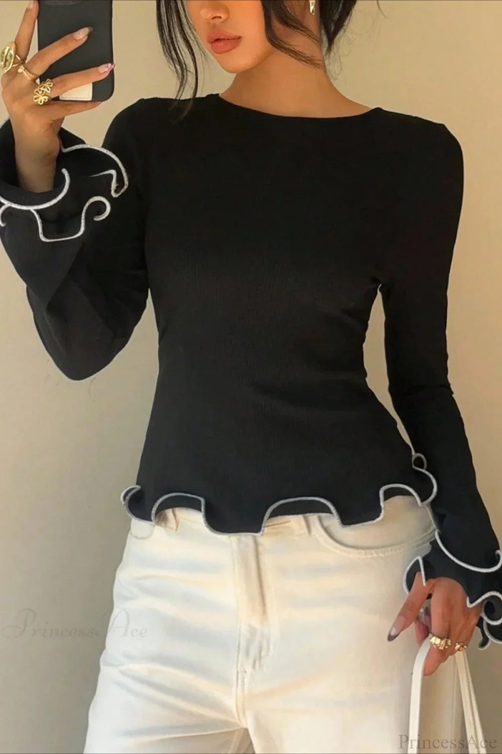 Color Block Ruffle Trim Slim Crew Neck Long Sleeve Tee image 2