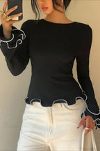 Color Block Ruffle Trim Slim Crew Neck Long Sleeve Tee image 2