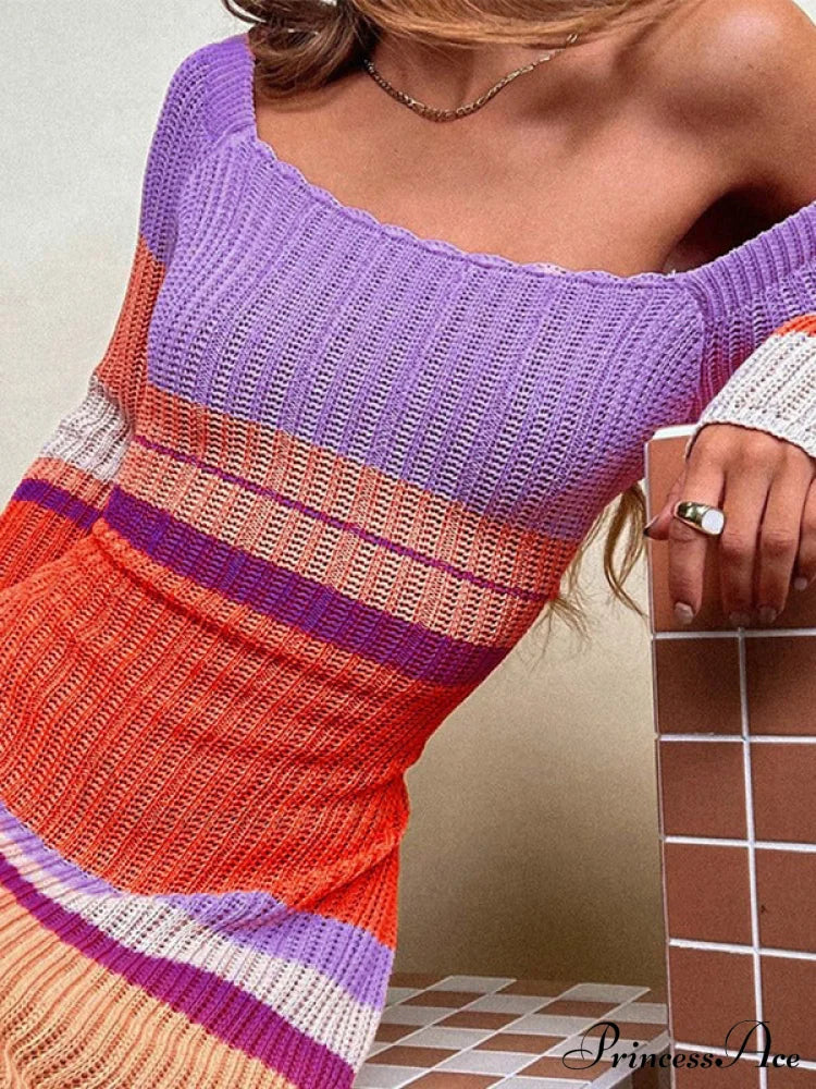 Color Block Stripe Knitted Modern Halter Maxi Dress image 2