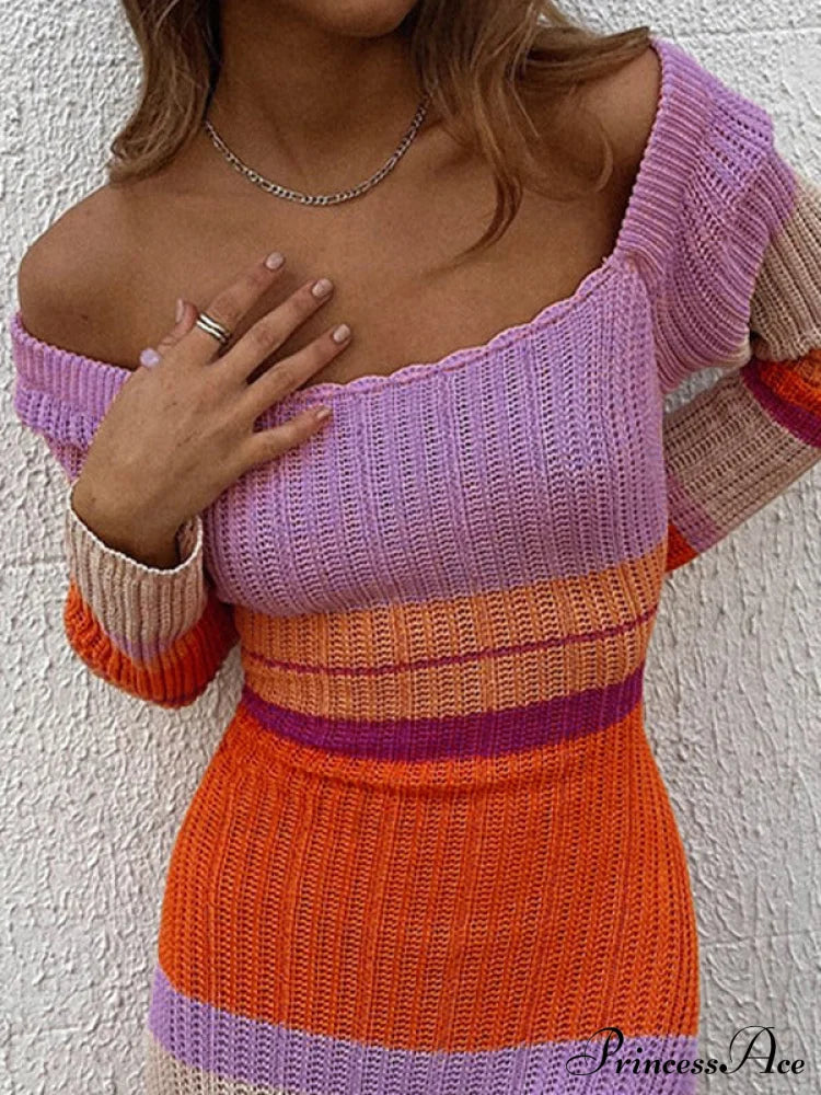 Color Block Stripe Knitted Modern Halter Maxi Dress image 3