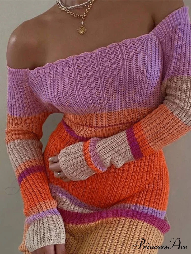 Color Block Stripe Knitted Modern Halter Maxi Dress image 1