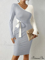 Color Block V Neck Long Sleeve Dress with Knot Detail image 6