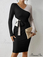 Color Block V Neck Long Sleeve Dress with Knot Detail image 5