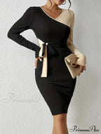 Color Block V Neck Long Sleeve Dress with Knot Detail image 7