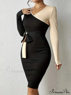 Color Block V Neck Long Sleeve Dress with Knot Detail image 2