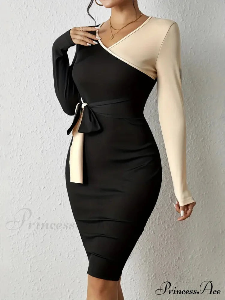 Color Block V Neck Long Sleeve Dress with Knot Detail image 2