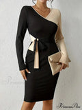 Color Block V Neck Long Sleeve Dress with Knot Detail image 1