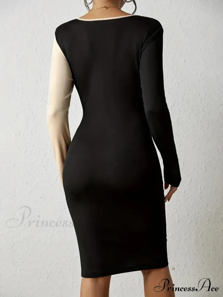 Color Block V Neck Long Sleeve Dress with Knot Detail image 4