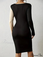 Color Block V Neck Long Sleeve Dress with Knot Detail image 4