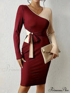 Color Block V Neck Long Sleeve Dress with Knot Detail image 3