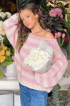 Colorblock Off-the-shoulder Stripe Casual Loose Sweater image 1