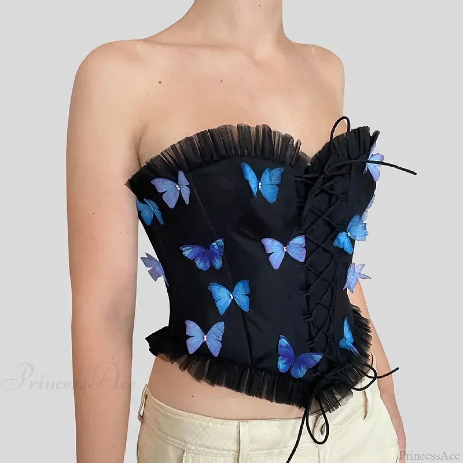 Colorful Butterfly Appliques Mesh Ruffle Crop Top image 3