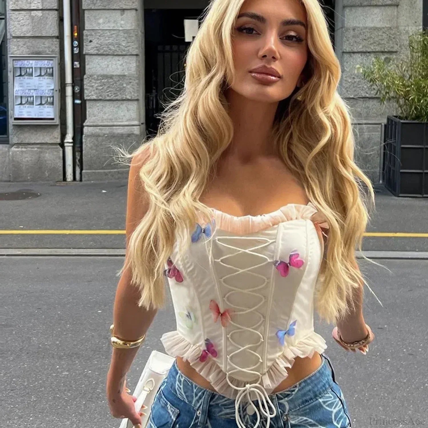 Colorful Butterfly Appliques Mesh Ruffle Crop Top image 5