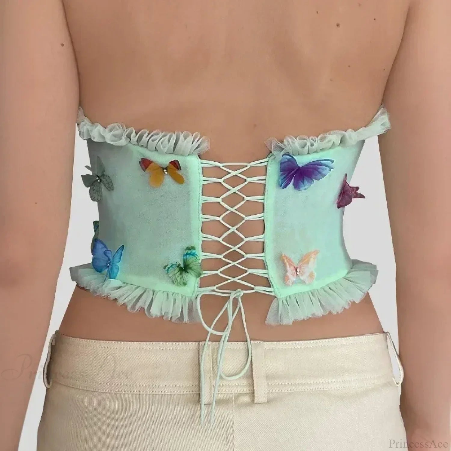 Colorful Butterfly Appliques Mesh Ruffle Crop Top image 4