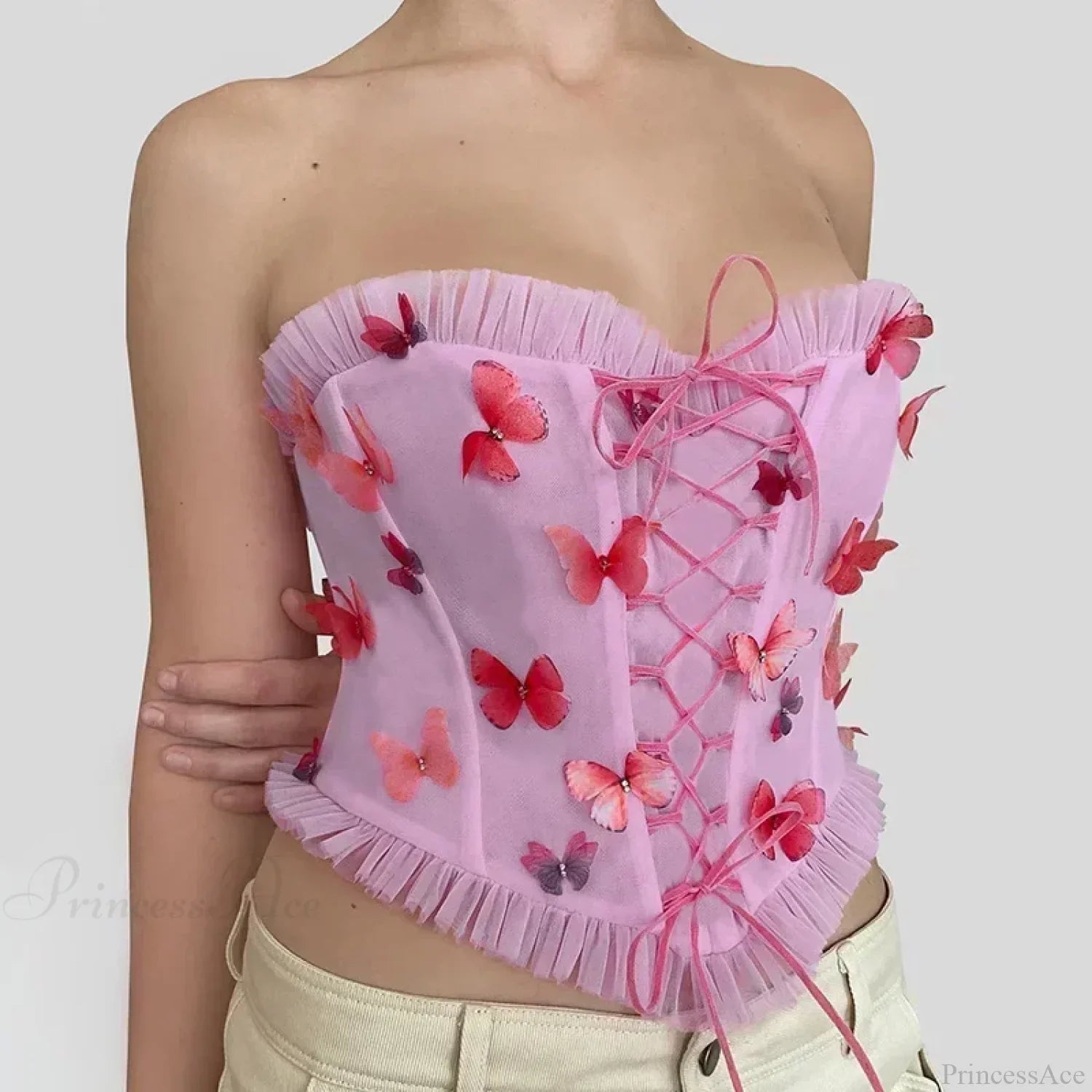 Colorful Butterfly Appliques Mesh Ruffle Crop Top image 6
