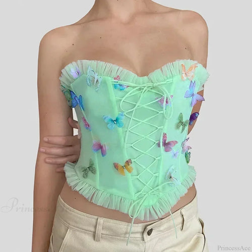 Colorful Butterfly Appliques Mesh Ruffle Crop Top image 2