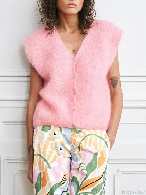 Colorful Furry Button-Up Sleeveless Cardigan image 1