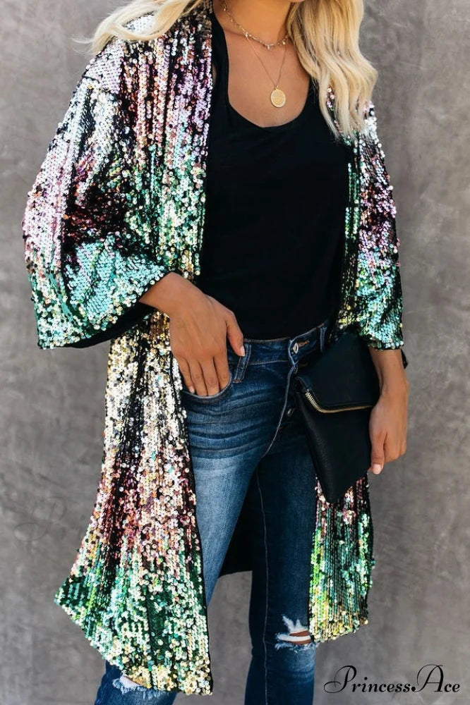 Colorful Mid-Length Stylish Sequin Cardigan image 2